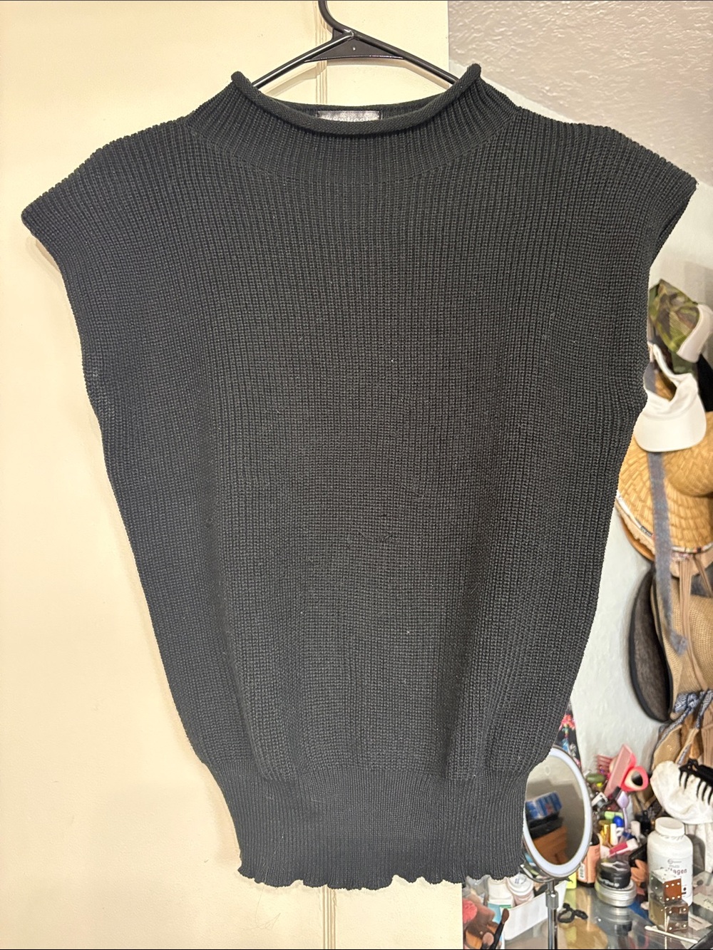 Sleeveless Black Knit Mock Neck Top